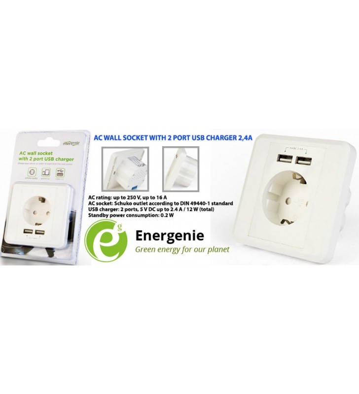 ΠΡΙΖΑ ΤΟΙΧΟΥ ΧΩΝΕΥΤΗ ΜΕ 2 ΘΥΡΕΣ USB ΦΟΡΤΙΣΗΣ 5v 2.4A ΑΣΠΡΗ ENERGENIE EG-ACU2A2-01